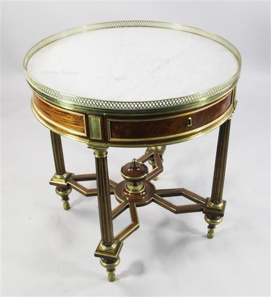 A Louis XVI style brass mounted mahogany bouillotte table, in the manner Adam Weisweiler, W.2ft 4in.